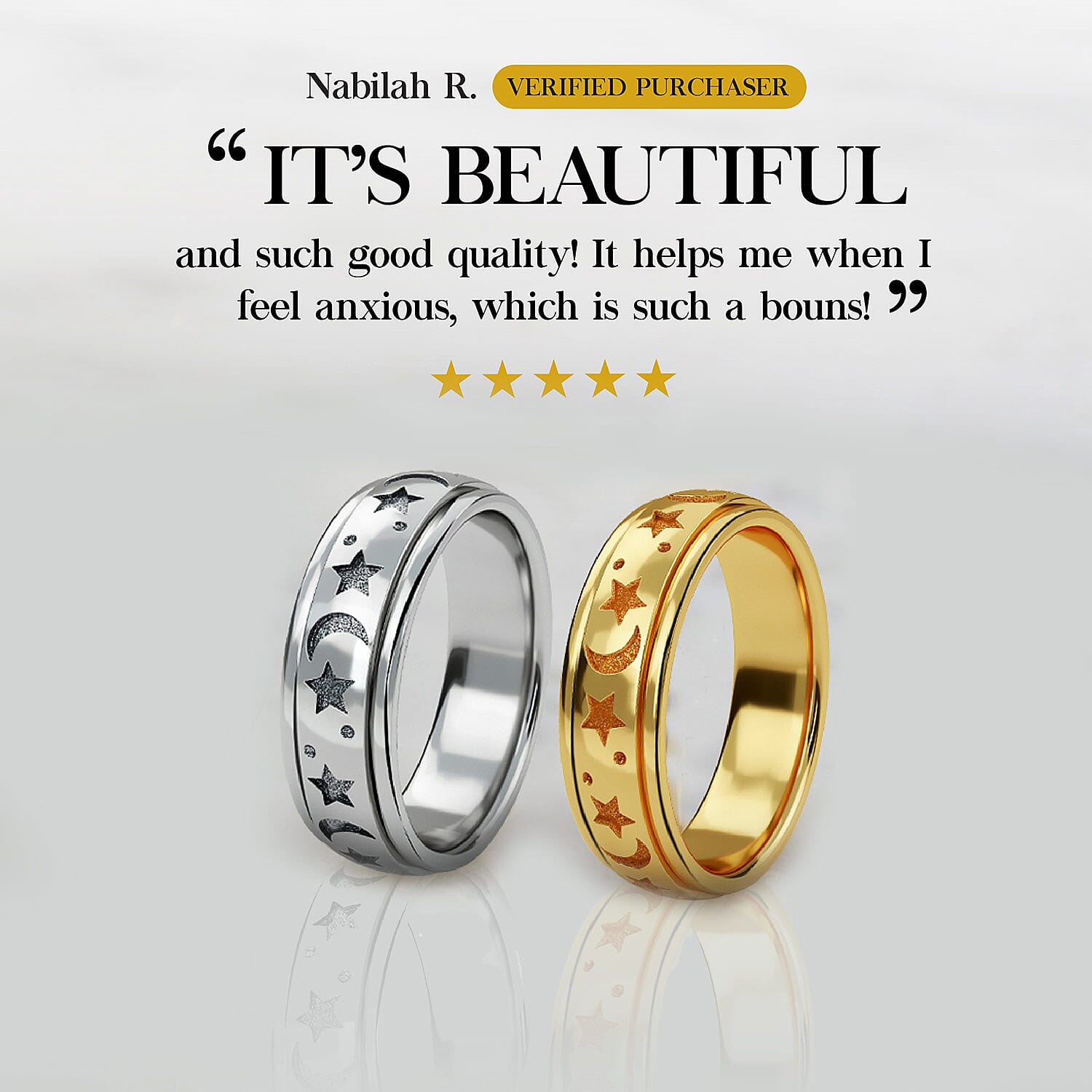 Set of 2 Vermeil YG and Platinum Over Sterling Silver Moon Star Fidget Spinner Ring for Anxiety (Size 5.0) (9.80 g)
