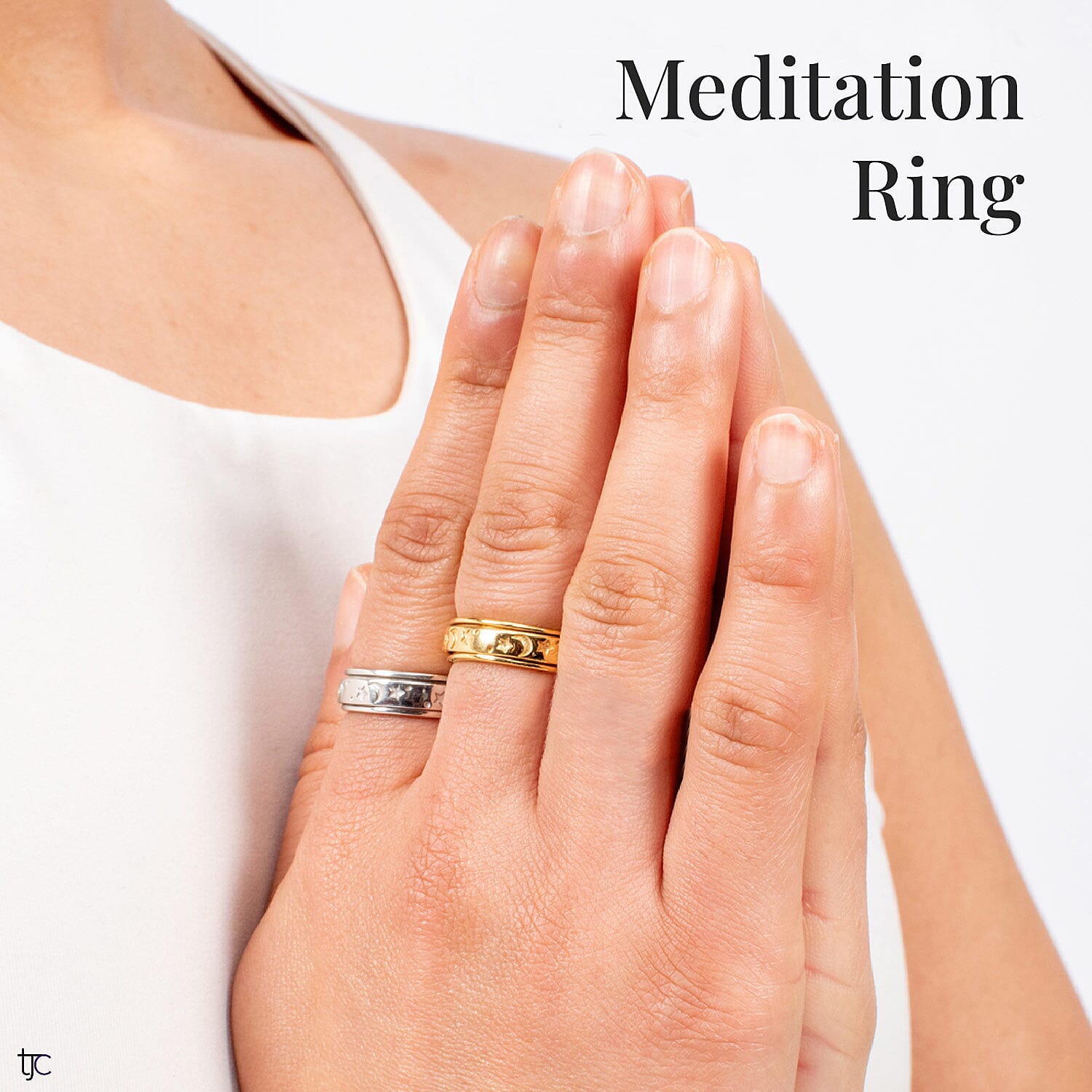 Set of 2 Vermeil YG and Platinum Over Sterling Silver Moon Star Fidget Spinner Ring for Anxiety (Size 5.0) (9.80 g)
