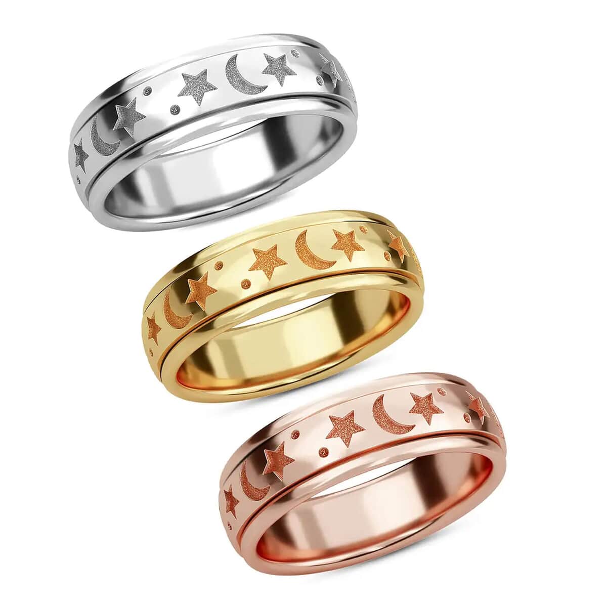 Set of 3 Vermeil YRG and Platinum Over Over Sterling Silver Moon Star Fidget Spinner Ring for Anxiety (Size 5.0) (13.30 g) image number 0