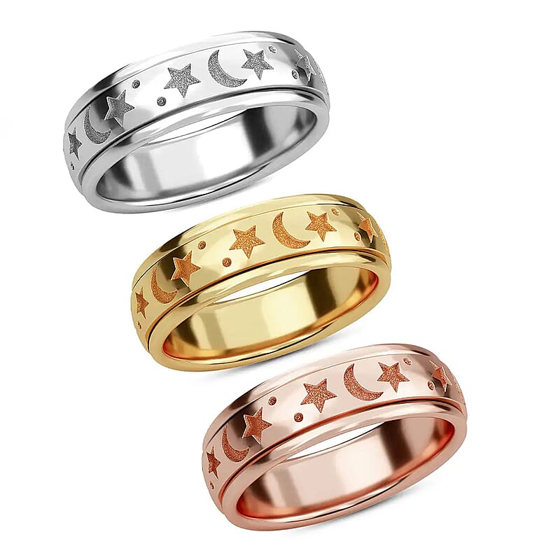 Set of 3 Vermeil YRG and Platinum Over Over Sterling Silver Moon Star Fidget Spinner Ring for Anxiety (Size 5.0) (13.30 g)