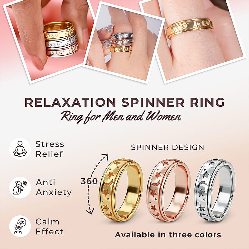 Set of 3 Vermeil YRG and Platinum Over Over Sterling Silver Moon Star Fidget Spinner Ring for Anxiety (Size 5.0) (13.30 g)