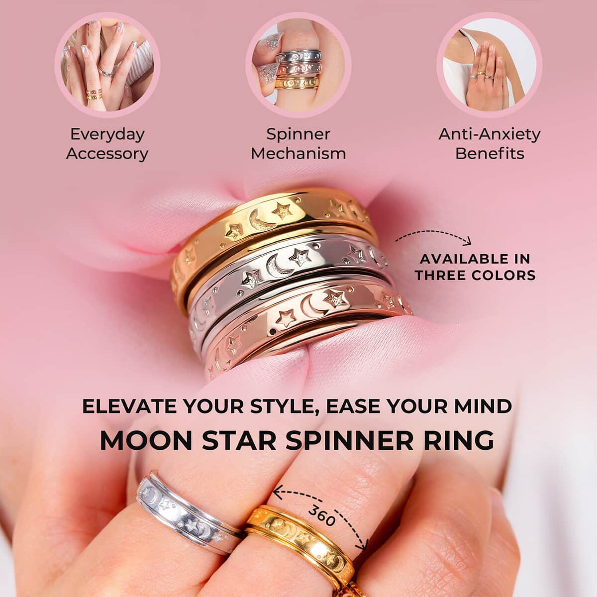 Set of 3 Vermeil YRG and Platinum Over Over Sterling Silver Moon Star Fidget Spinner Ring for Anxiety (Size 5.0) (13.30 g) image number 4