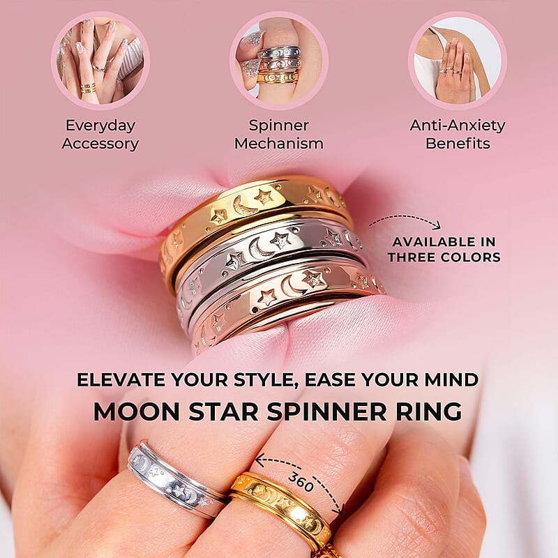 Set of 3 Vermeil YRG and Platinum Over Over Sterling Silver Moon Star Fidget Spinner Ring for Anxiety (Size 5.0) (13.30 g)