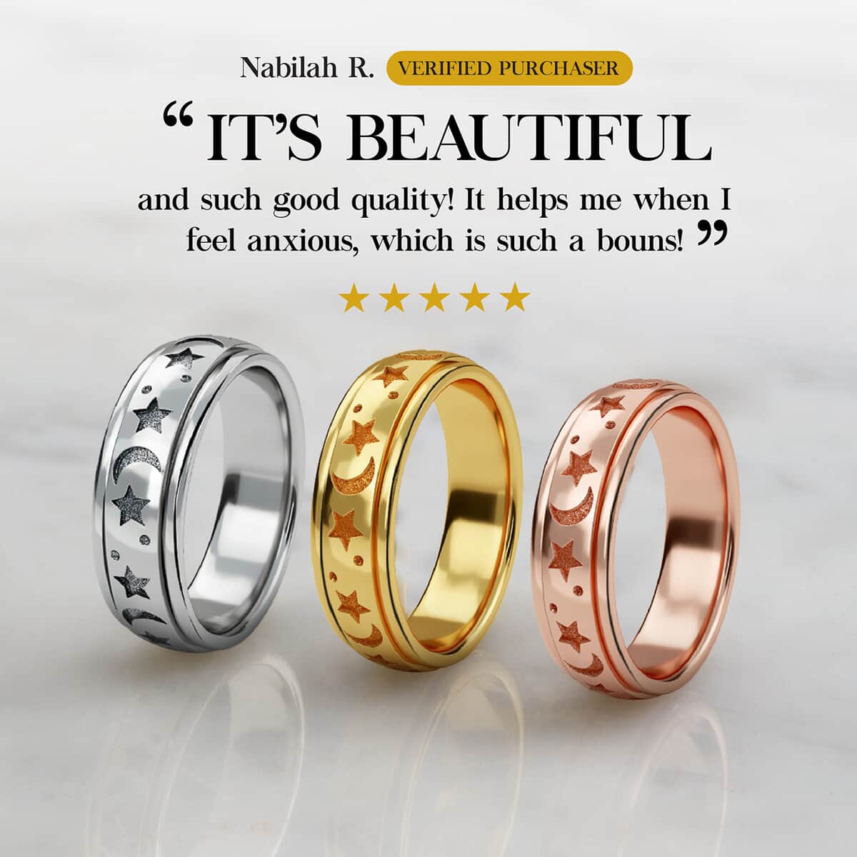 Set of 3 Vermeil YRG and Platinum Over Over Sterling Silver Moon Star Fidget Spinner Ring for Anxiety (Size 5.0) (13.30 g) image number 6