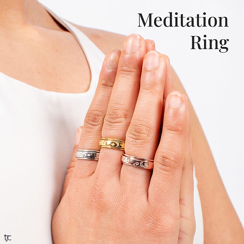Set of 3 Vermeil YRG and Platinum Over Over Sterling Silver Moon Star Fidget Spinner Ring for Anxiety (Size 5.0) (13.30 g)