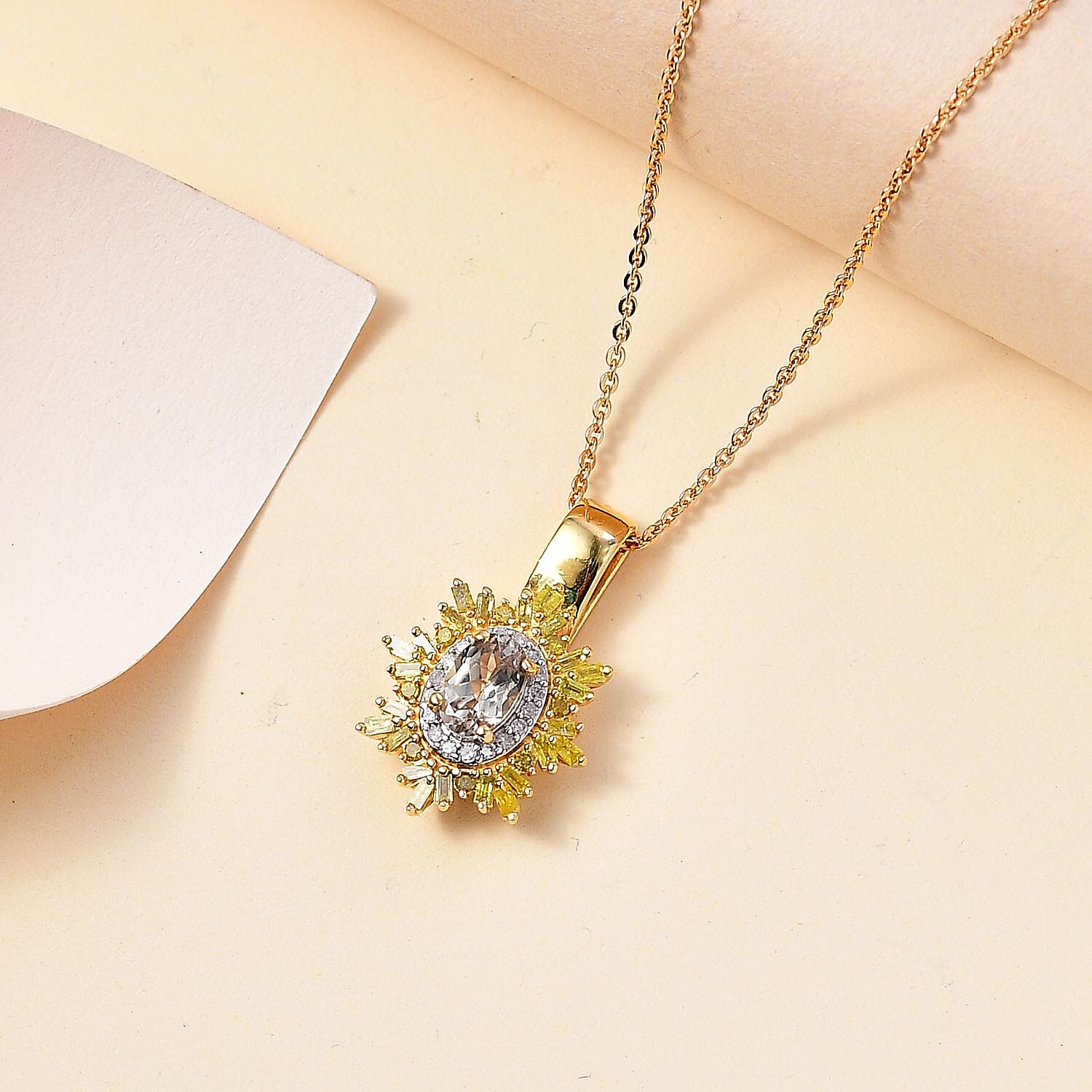 AAA Turkizite, Yellow and White Diamond Sunrays Pendant Necklace 20 Inches in 18K Vermeil Yellow Gold Over Sterling Silver 0.80 ctw
