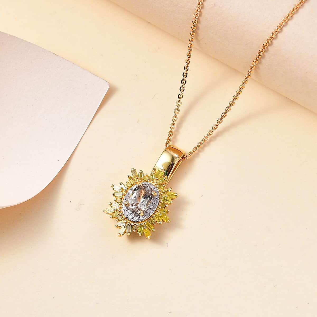 AAA Turkizite, Yellow and White Diamond Sunrays Pendant Necklace 20 Inches in 18K Vermeil Yellow Gold Over Sterling Silver 0.80 ctw image number 1