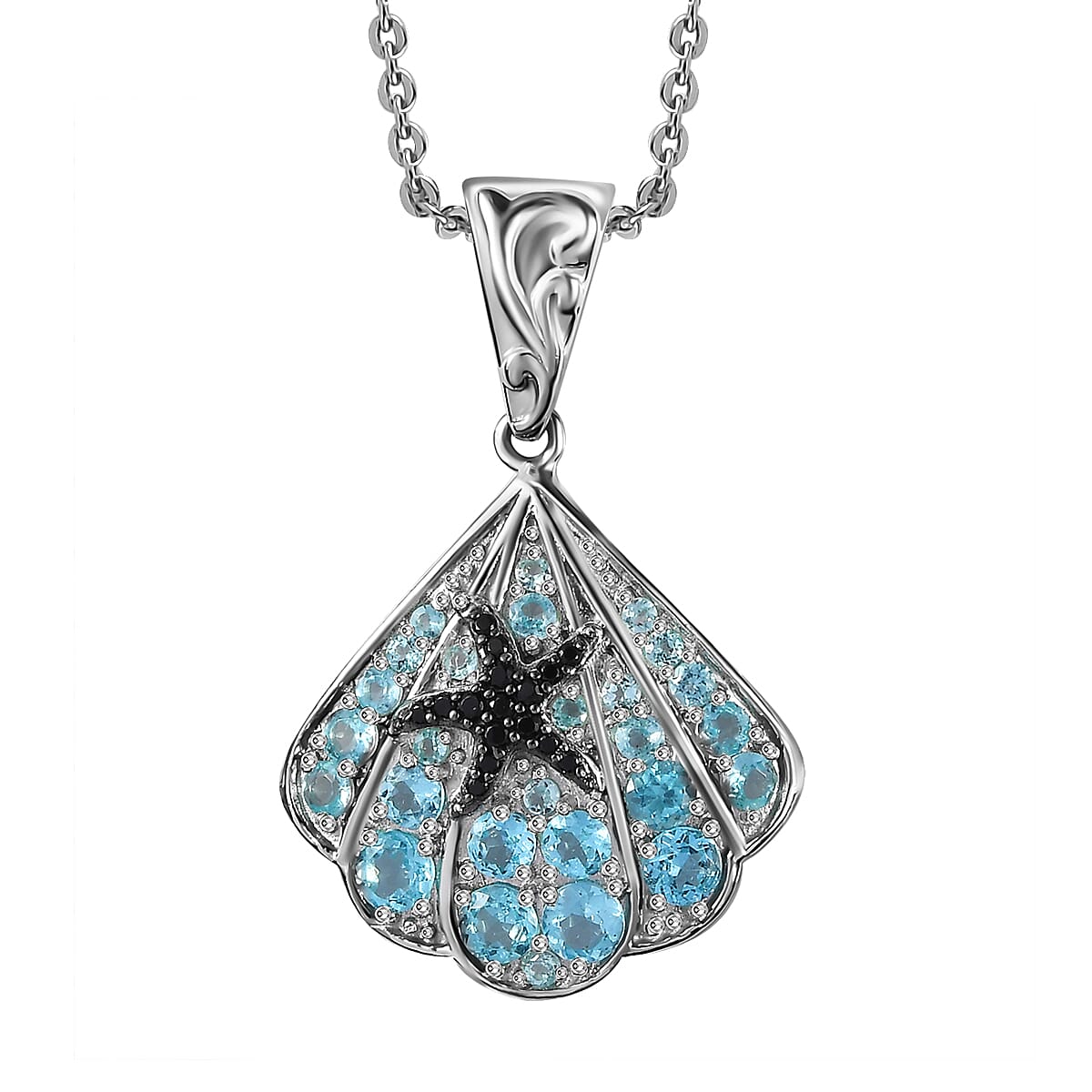 Betroka Blue Apatite and Thai Black Spinel Star Fish and Shell Pendant Necklace 20 Inches in Rhodium Over Sterling Silver 2.10 ctw image number 0