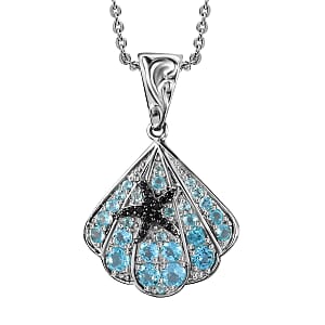 Betroka Blue Apatite and Thai Black Spinel Star Fish and Shell Pendant Necklace 20 Inches in Rhodium Over Sterling Silver 2.10 ctw