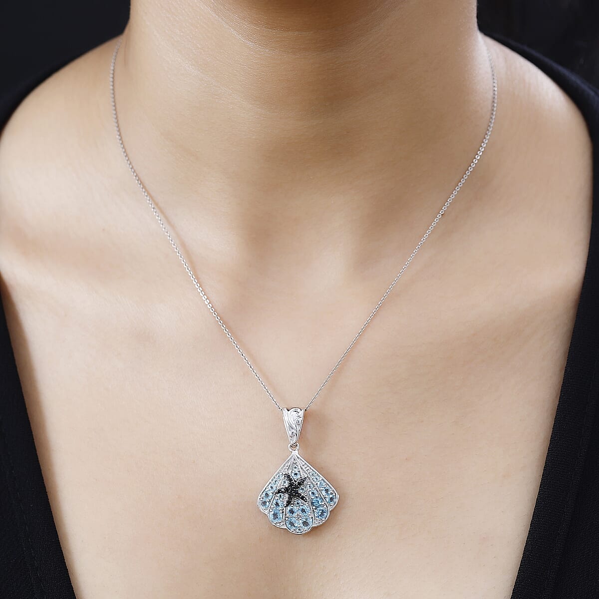 Betroka Blue Apatite and Thai Black Spinel Star Fish and Shell Pendant Necklace 20 Inches in Rhodium Over Sterling Silver 2.10 ctw image number 2