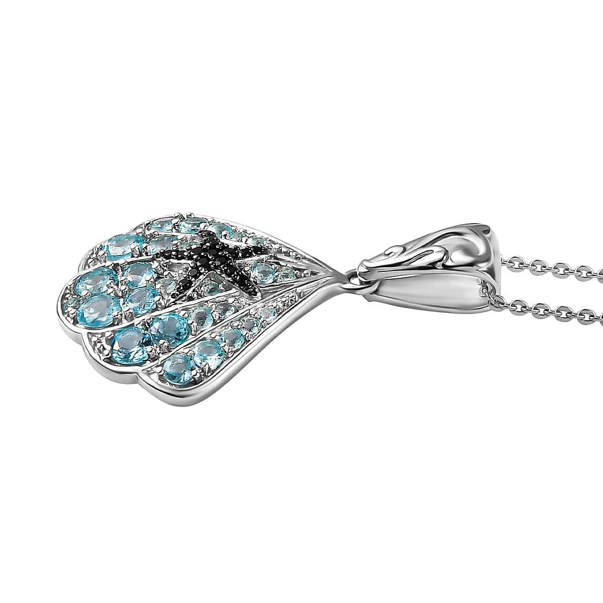 Betroka Blue Apatite and Thai Black Spinel Star Fish and Shell Pendant Necklace 20 Inches in Rhodium Over Sterling Silver 2.10 ctw image number 3