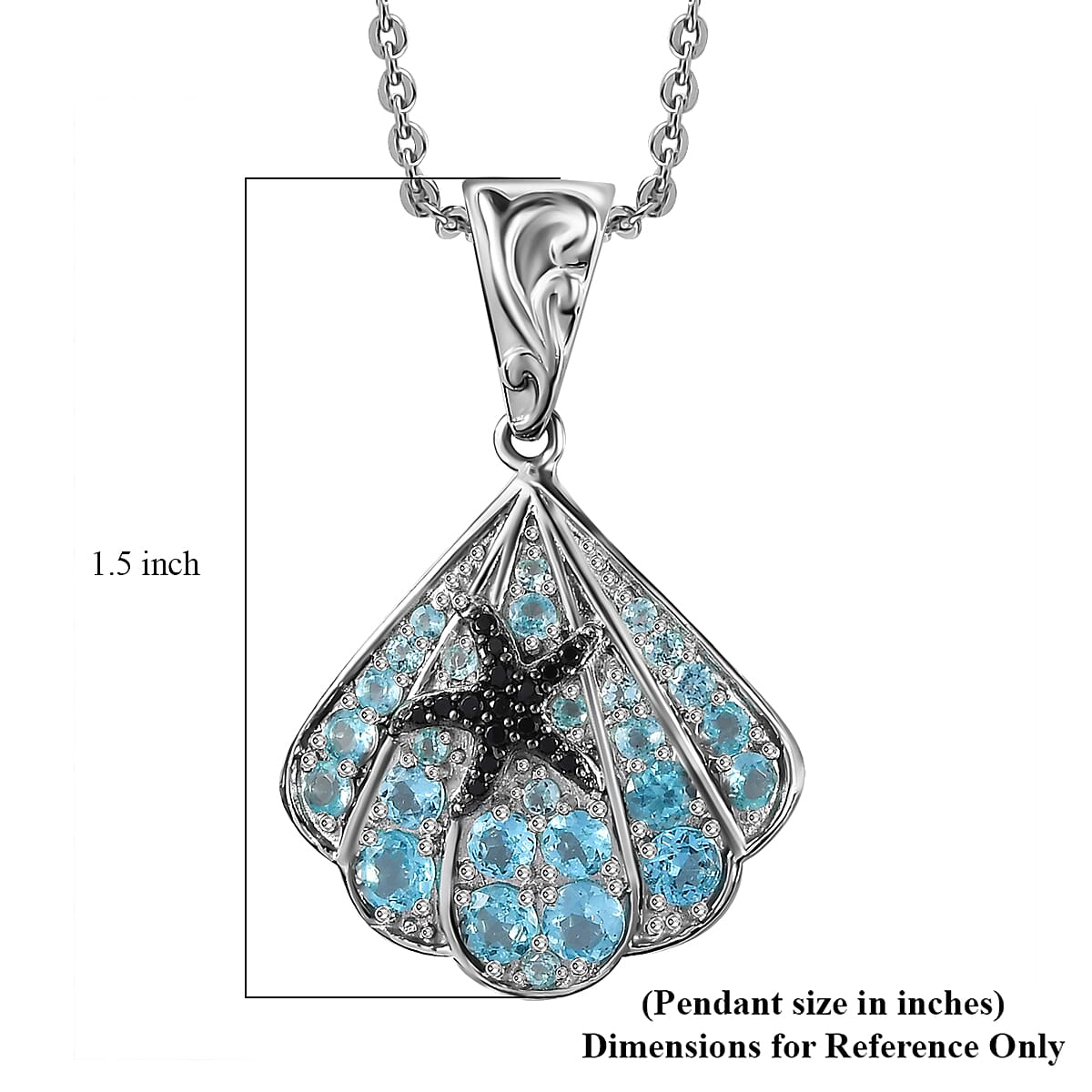 Betroka Blue Apatite and Thai Black Spinel Star Fish and Shell Pendant Necklace 20 Inches in Rhodium Over Sterling Silver 2.10 ctw image number 5