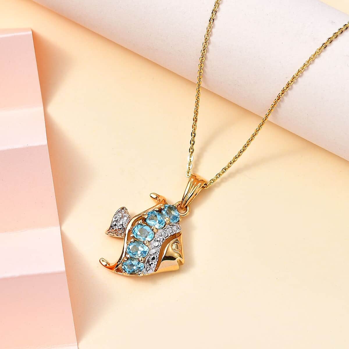 Premium Betroka Blue Apatite Fish Pendant Necklace 20 Inches in 18K Vermeil Yellow Gold Over Sterling Silver 0.90 ctw image number 1