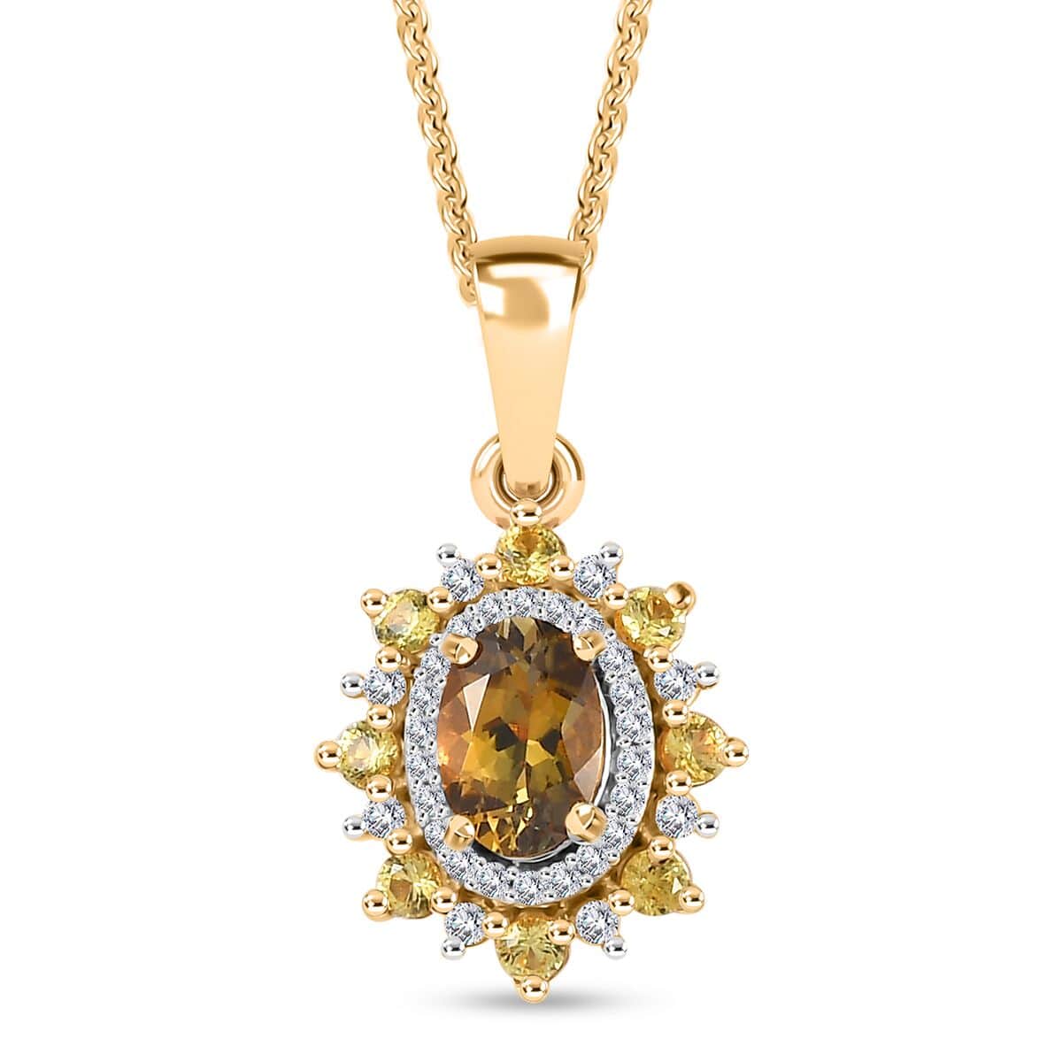 Golden Tanzanite and Multi Gemstone Sunburst Pendant Necklace 20 Inches in 18K Vermeil Yellow Gold Over Sterling Silver 1.25 ctw image number 0