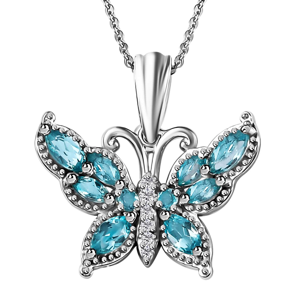 Betroka Blue Apatite and White Zircon Butterfly Pendant Necklace 20 Inches in Rhodium Over Sterling Silver 1.20 ctw image number 0