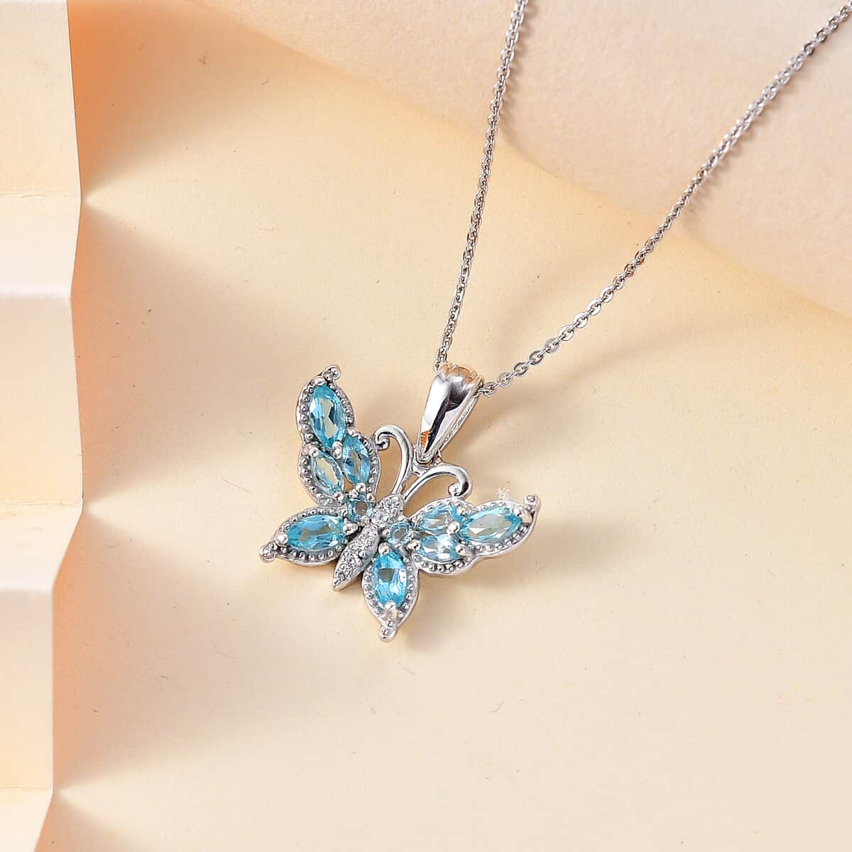 Betroka Blue Apatite and White Zircon Butterfly Pendant Necklace 20 Inches in Rhodium Over Sterling Silver 1.20 ctw image number 1