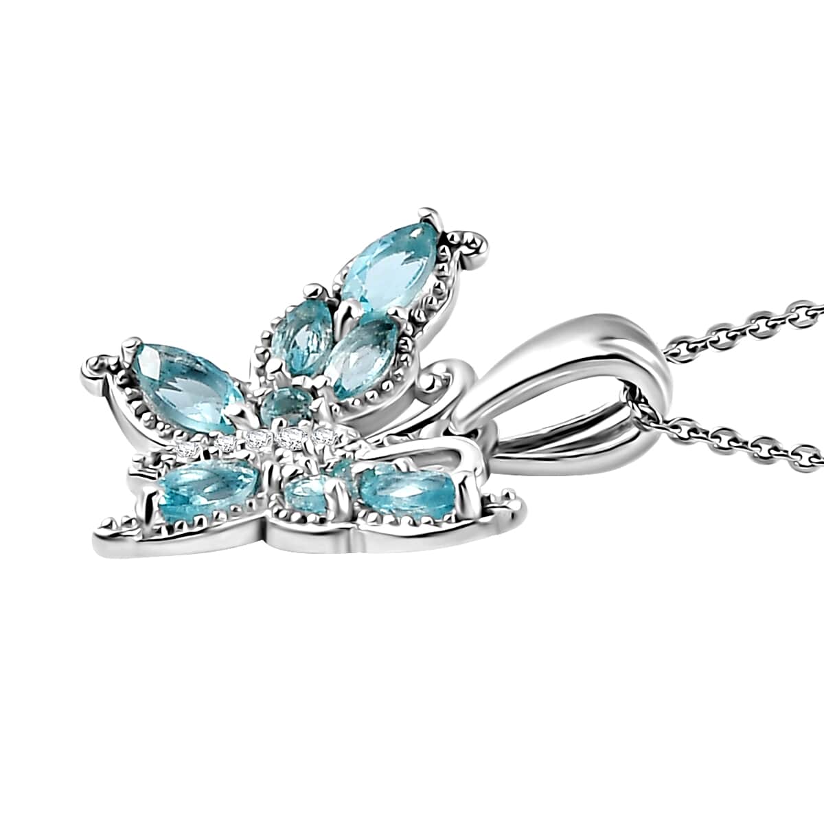 Betroka Blue Apatite and White Zircon Butterfly Pendant Necklace 20 Inches in Rhodium Over Sterling Silver 1.20 ctw image number 2