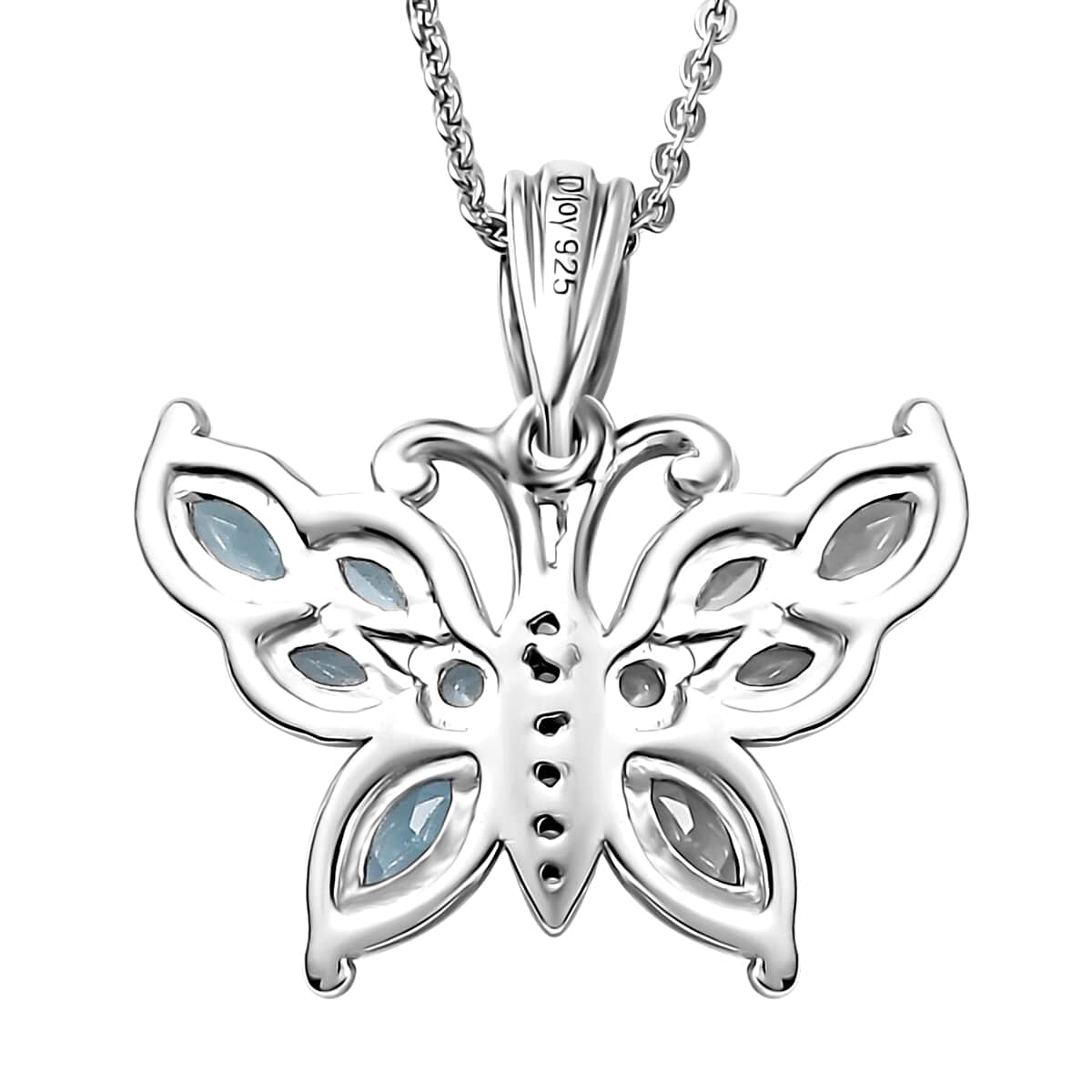 Betroka Blue Apatite and White Zircon Butterfly Pendant Necklace 20 Inches in Rhodium Over Sterling Silver 1.20 ctw image number 3