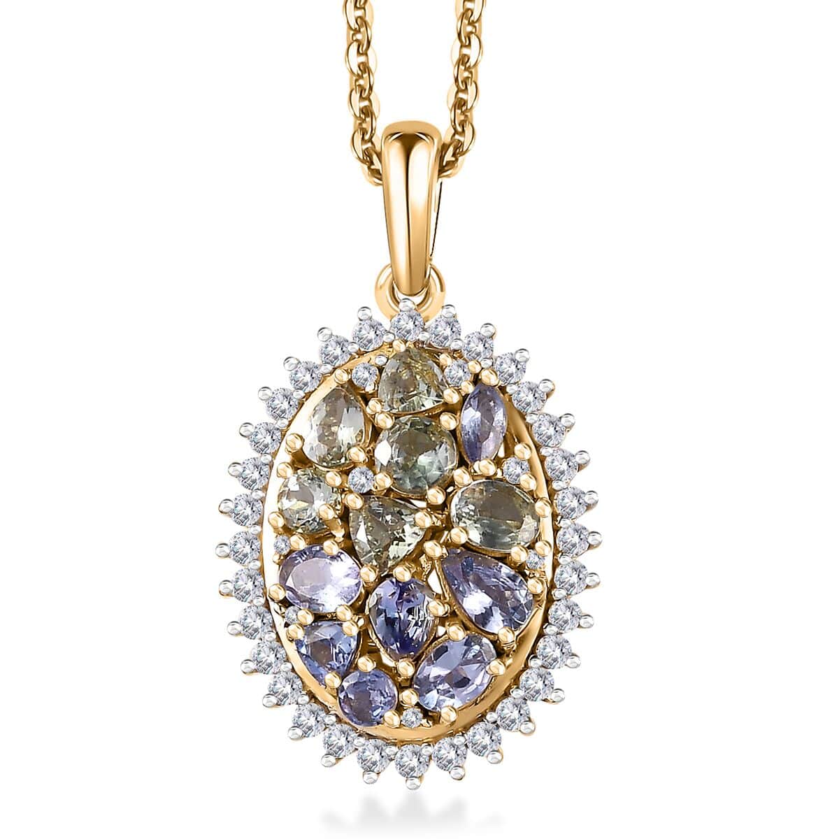 Tanzanite and Green Tanzanite, White Zircon Northern Lights Cocktail Pendant Necklace 20 Inches in 18K Vermeil Yellow Gold Over Sterling Silver 2.60 ctw image number 0