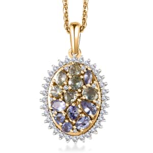 Tanzanite and Green Tanzanite, White Zircon Northern Lights Cocktail Pendant Necklace 20 Inches in 18K Vermeil Yellow Gold Over Sterling Silver 2.60 ctw