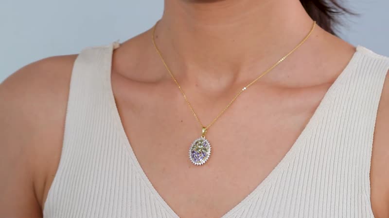 Tanzanite and Green Tanzanite, White Zircon Northern Lights Cocktail Pendant Necklace 20 Inches in 18K Vermeil Yellow Gold Over Sterling Silver 2.60 ctw