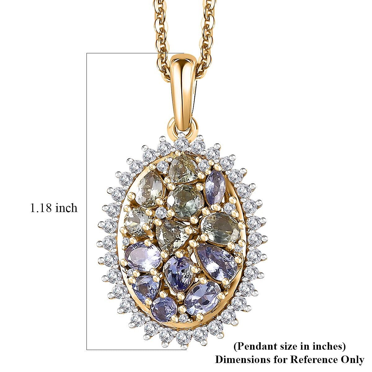 Tanzanite and Green Tanzanite, White Zircon Northern Lights Cocktail Pendant Necklace 20 Inches in 18K Vermeil Yellow Gold Over Sterling Silver 2.60 ctw