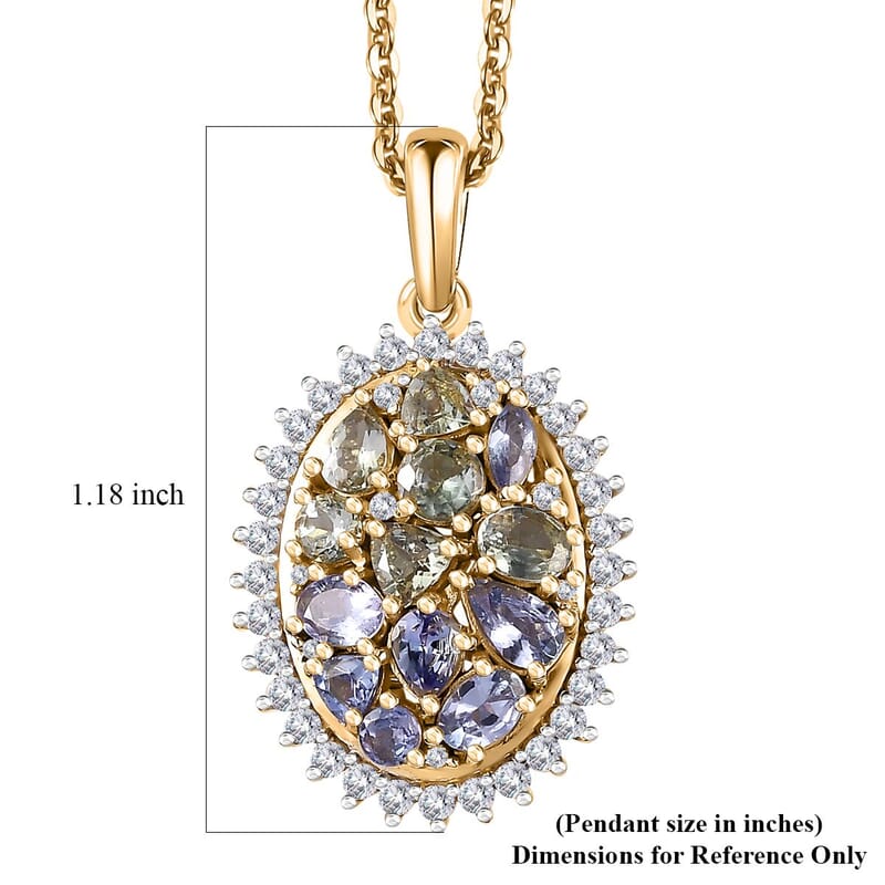 Tanzanite and Green Tanzanite, White Zircon Northern Lights Cocktail Pendant Necklace 20 Inches in 18K Vermeil Yellow Gold Over Sterling Silver 2.60 ctw