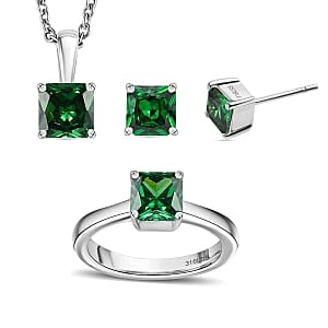 Simulated Diopside Color Diamond Ring (Size 8.0), 3.40 ctw Earrings and Pendant Necklace (20 Inches) in Stainless Steel
