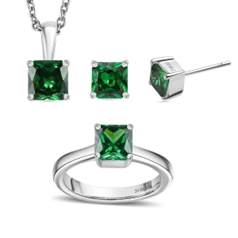 Simulated Diopside Color Diamond Ring (Size 8.0), 3.40 ctw Earrings and Pendant Necklace (20 Inches) in Stainless Steel