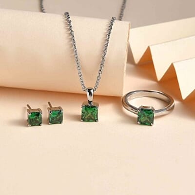 Simulated Diopside Color Diamond Ring (Size 8.0), 3.40 ctw Earrings and Pendant Necklace (20 Inches) in Stainless Steel