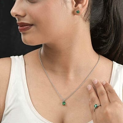Simulated Diopside Color Diamond Ring (Size 8.0), 3.40 ctw Earrings and Pendant Necklace (20 Inches) in Stainless Steel