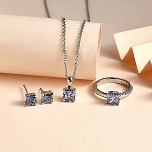 Simulated Tanzanite Color Diamond Ring (Size 10.0), 3.40 ctw Earrings and Pendant Necklace (20 Inches) in Stainless Steel