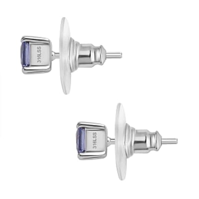 Simulated Tanzanite Color Diamond Ring (Size 10.0), 3.40 ctw Earrings and Pendant Necklace (20 Inches) in Stainless Steel