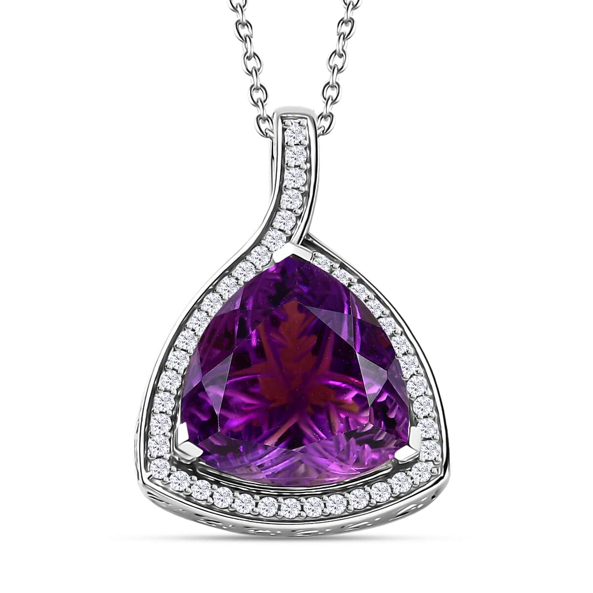 Carving Cut African Amethyst and White Zircon 9.40 ctw Pendant Necklace in Platinum Over Sterling Silver 20 Inches image number 0