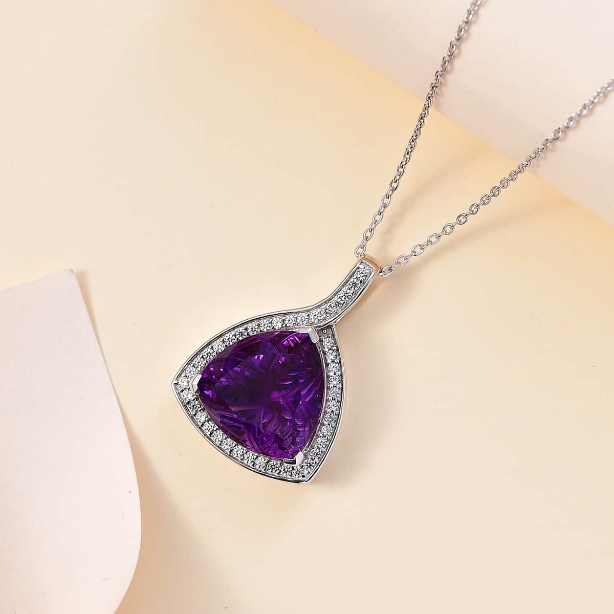 Carving Cut African Amethyst and White Zircon 9.40 ctw Pendant Necklace in Platinum Over Sterling Silver 20 Inches image number 1