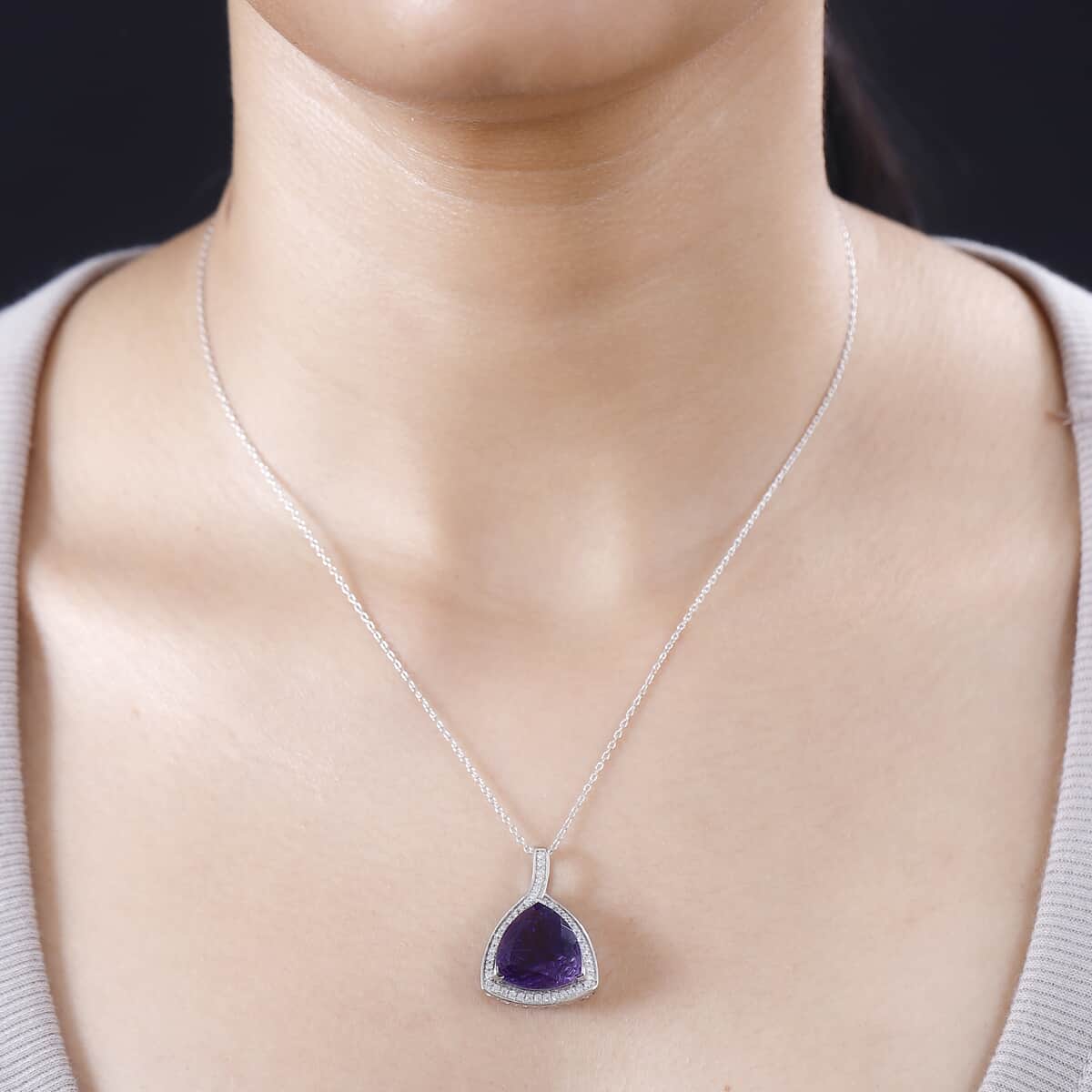 Carving Cut African Amethyst and White Zircon 9.40 ctw Pendant Necklace in Platinum Over Sterling Silver 20 Inches image number 2