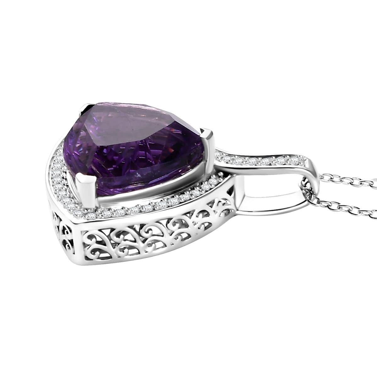 Carving Cut African Amethyst and White Zircon 9.40 ctw Pendant Necklace in Platinum Over Sterling Silver 20 Inches image number 3