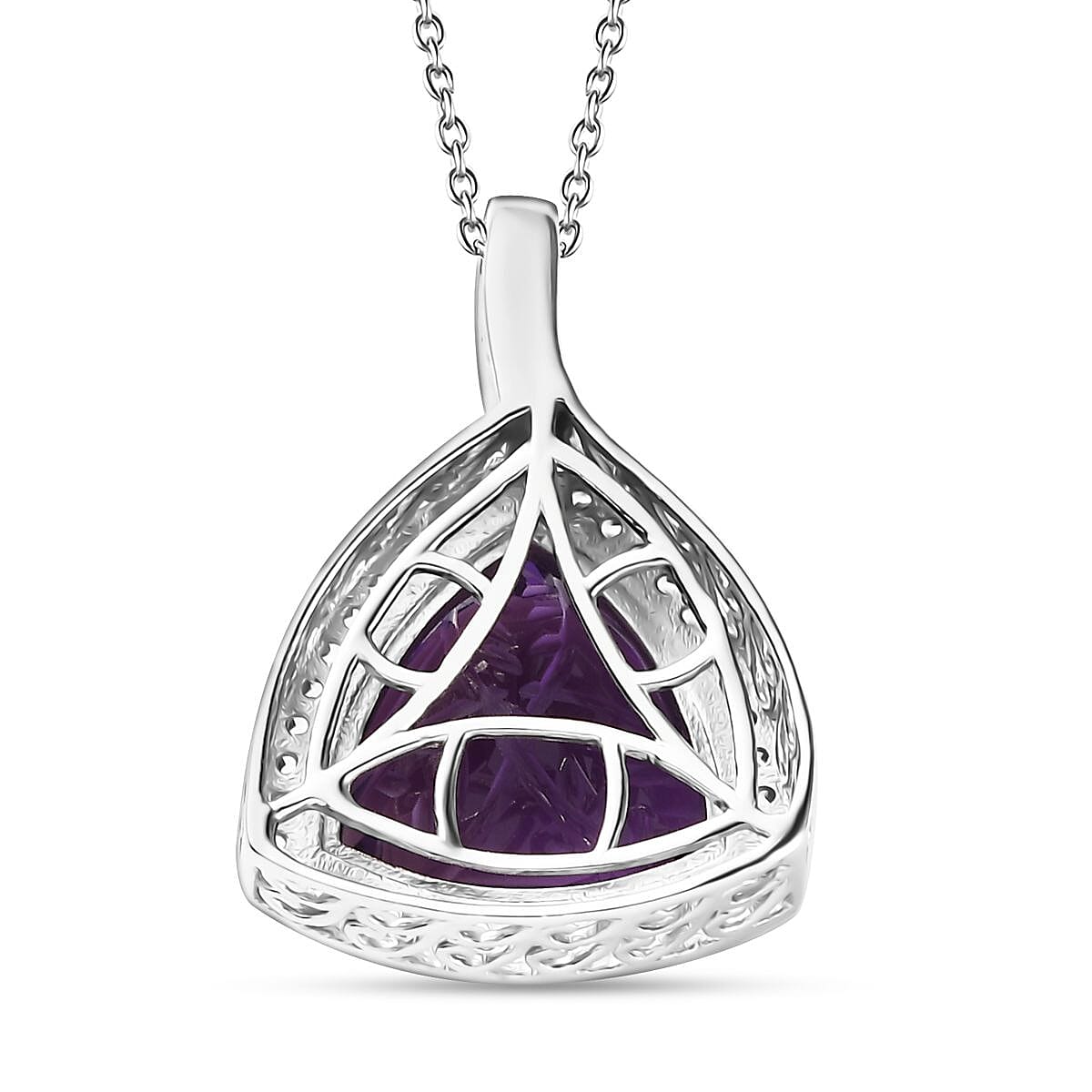 Carving Cut African Amethyst and White Zircon 9.40 ctw Pendant Necklace in Platinum Over Sterling Silver 20 Inches