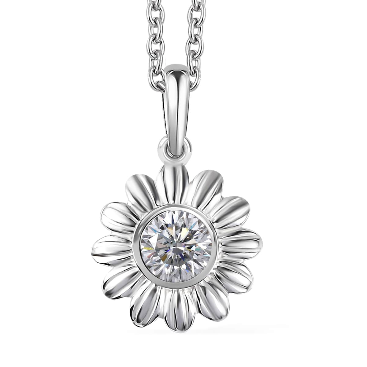 Simulated Diamond Sunflower Pendant in Sterling Silver with Stainless Steel Necklace 20 Inches in 0.90 ctw image number 0