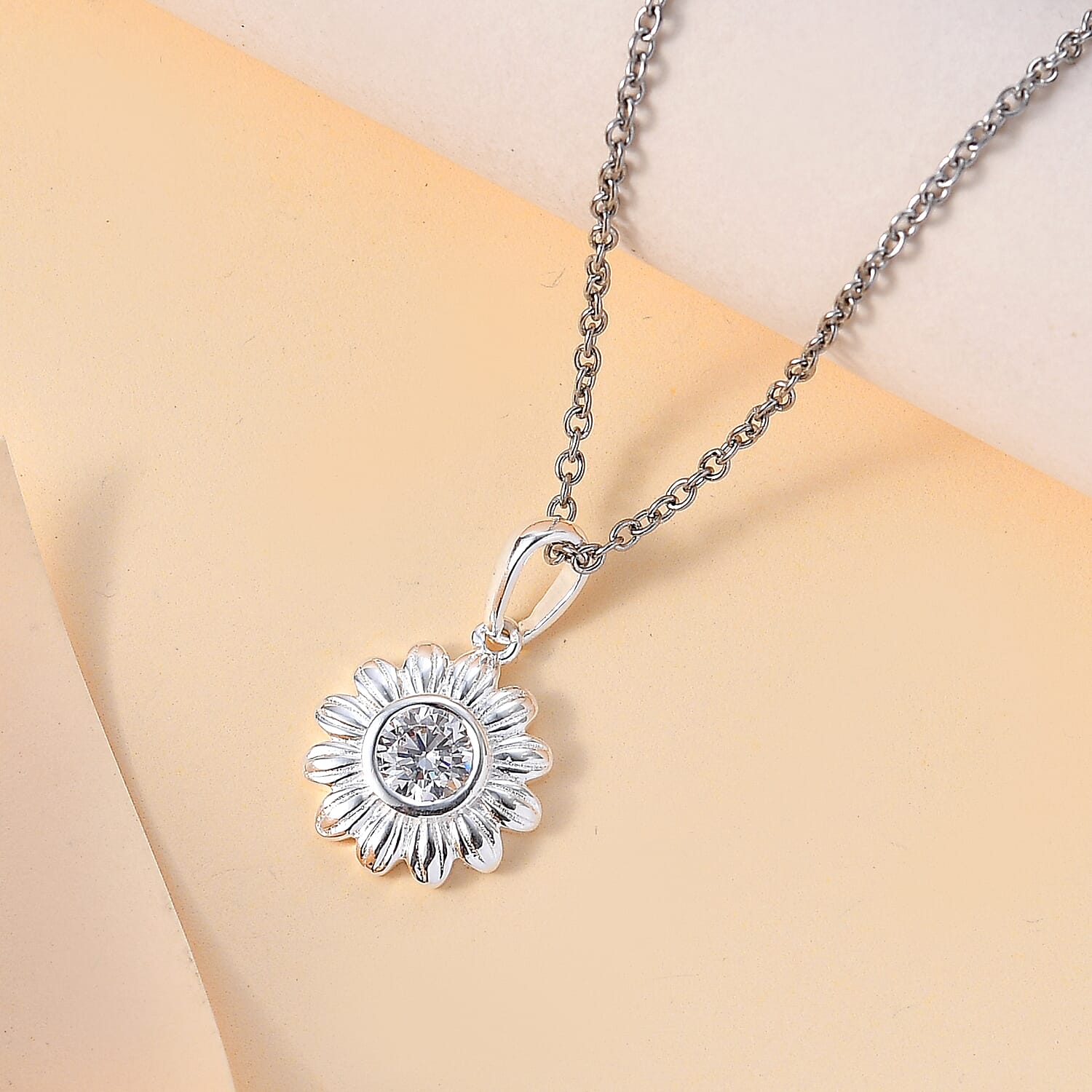Simulated Diamond Sunflower Pendant in Sterling Silver with Stainless Steel Necklace 20 Inches in 0.90 ctw