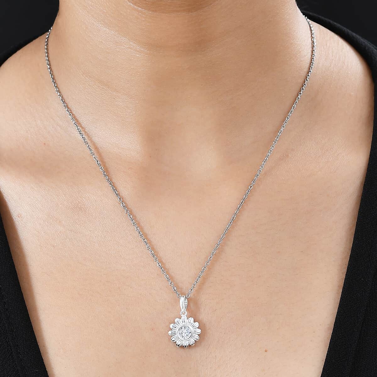 Simulated Diamond Sunflower Pendant in Sterling Silver with Stainless Steel Necklace 20 Inches in 0.90 ctw image number 2