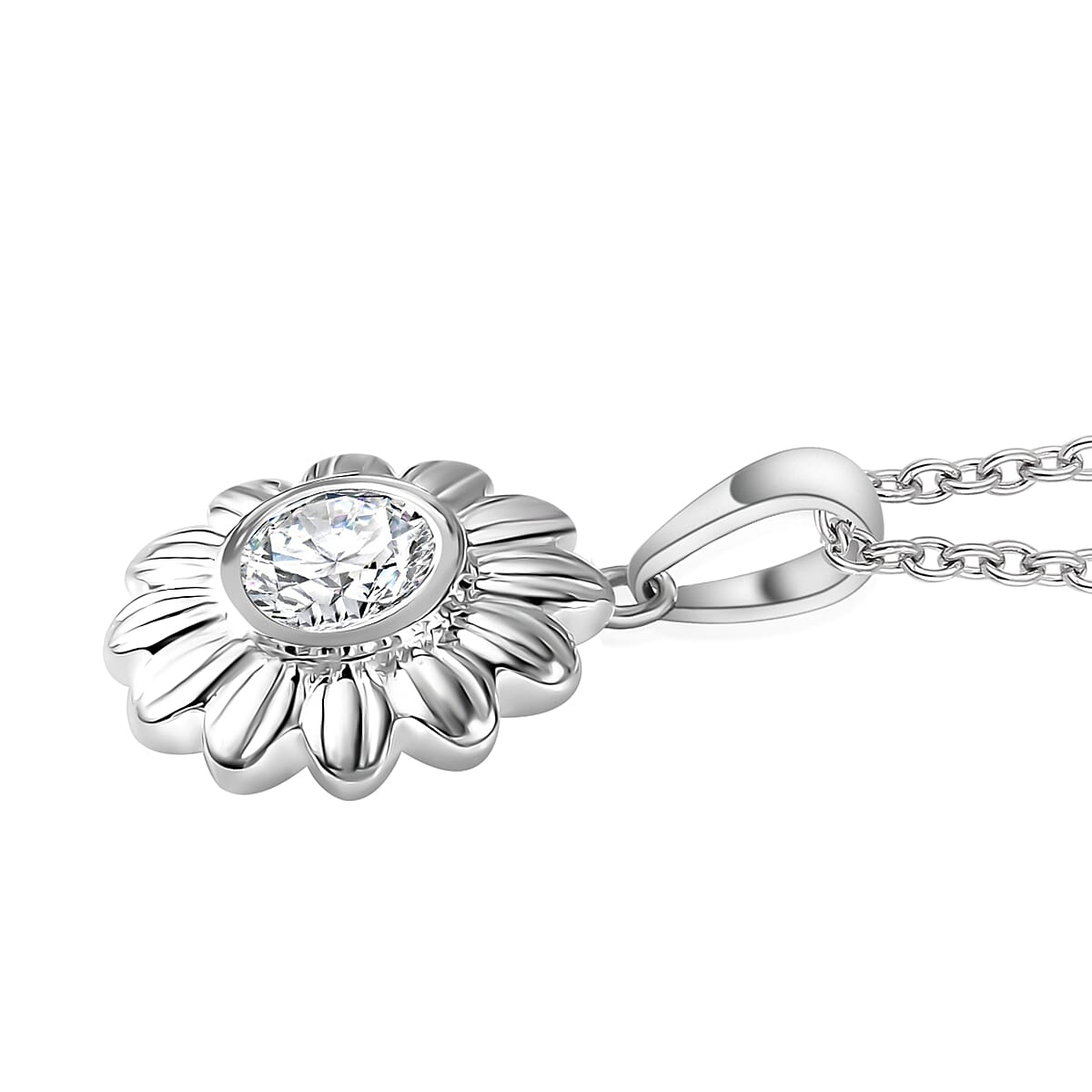 Simulated Diamond Sunflower Pendant in Sterling Silver with Stainless Steel Necklace 20 Inches in 0.90 ctw