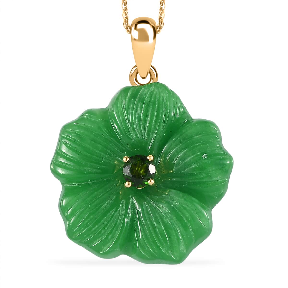 Green Jade Carved (D) and Chrome Diopside 43.00 ctw Primrose Floral Pendant Necklace in Vermeil Yellow Gold Over Sterling Silver 20 Inches image number 0