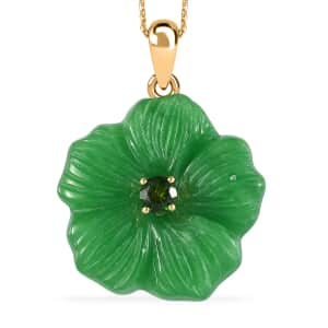 Green Jade Carved (D) and Chrome Diopside 43.00 ctw Primrose Floral Pendant Necklace in Vermeil Yellow Gold Over Sterling Silver 20 Inches