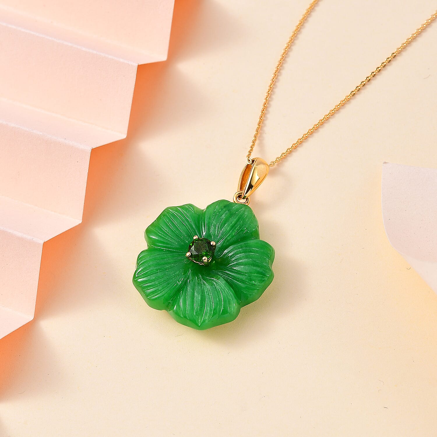 Green Jade Carved (D) and Chrome Diopside 43.00 ctw Primrose Floral Pendant Necklace in Vermeil Yellow Gold Over Sterling Silver 20 Inches