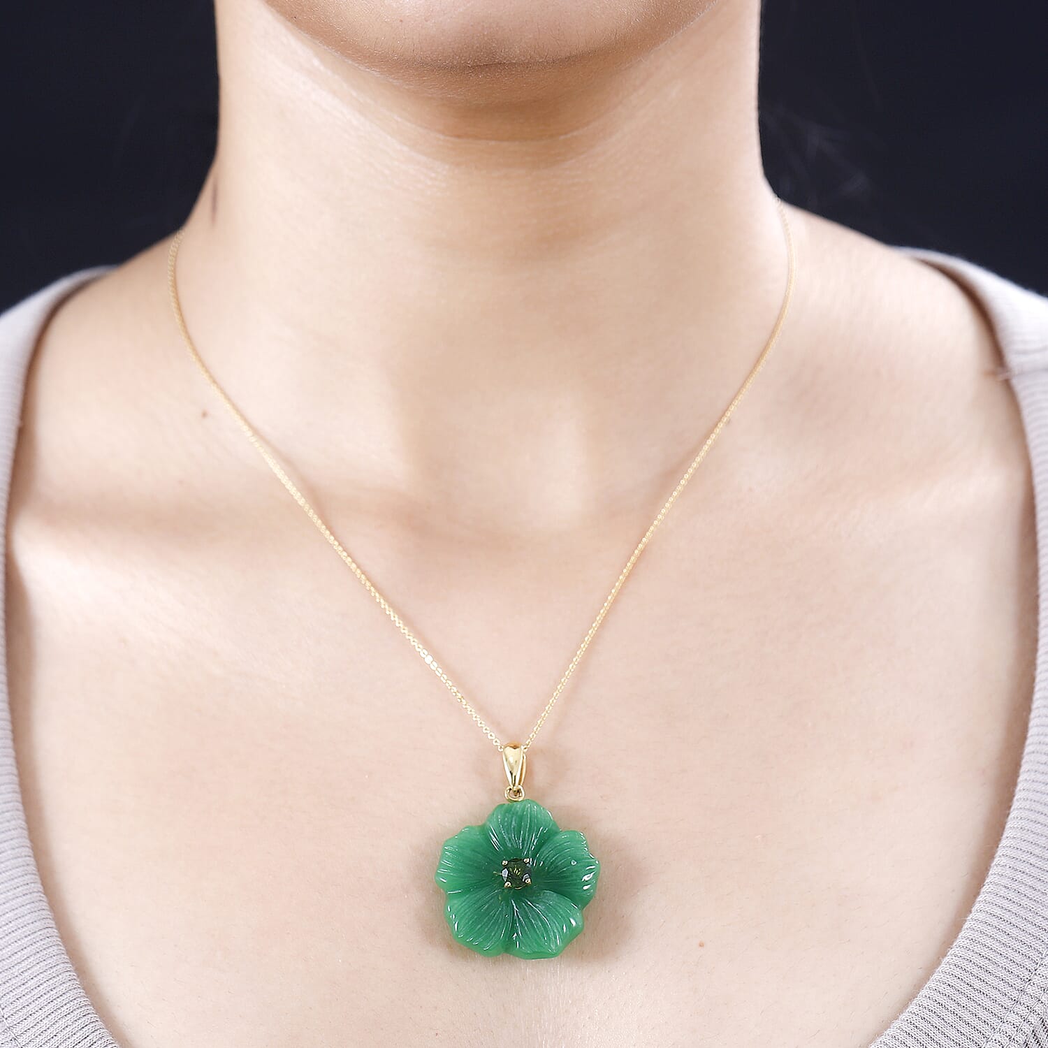 Green Jade Carved (D) and Chrome Diopside 43.00 ctw Primrose Floral Pendant Necklace in Vermeil Yellow Gold Over Sterling Silver 20 Inches
