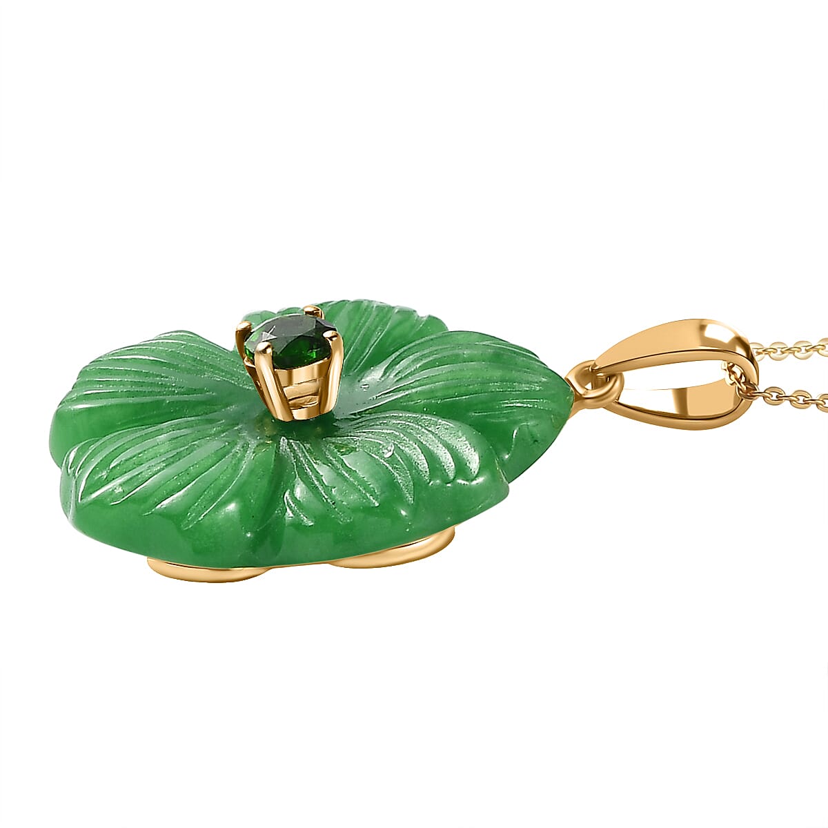 Green Jade Carved (D) and Chrome Diopside 43.00 ctw Primrose Floral Pendant Necklace in Vermeil Yellow Gold Over Sterling Silver 20 Inches