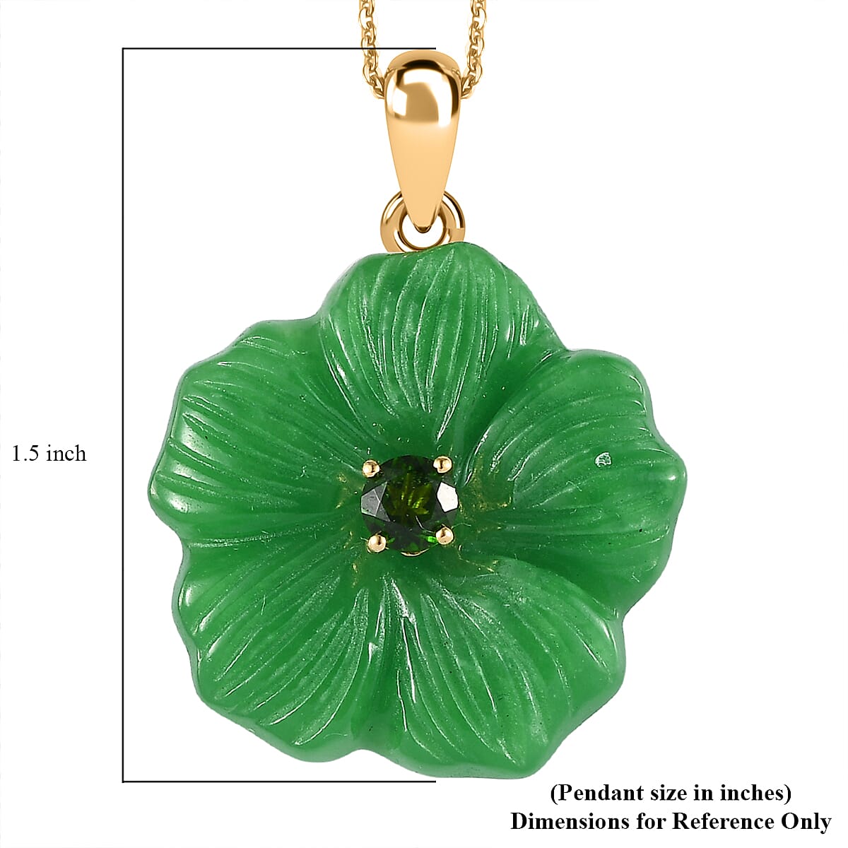 Green Jade Carved (D) and Chrome Diopside 43.00 ctw Primrose Floral Pendant Necklace in Vermeil Yellow Gold Over Sterling Silver 20 Inches