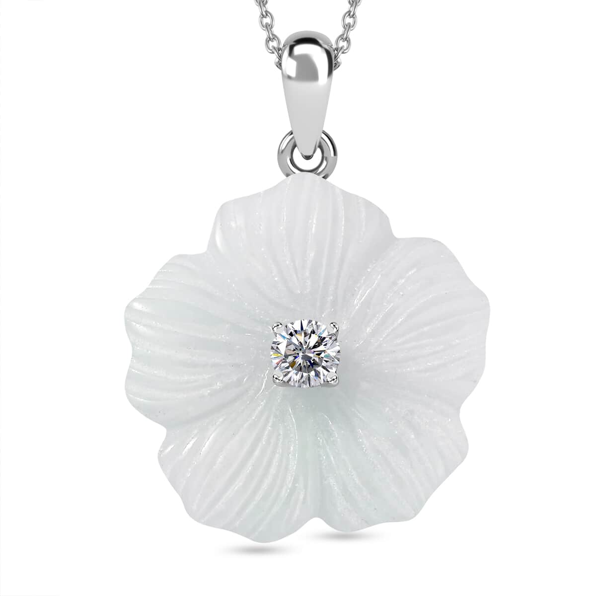 Natural Jade Carved and Moissanite 42.40 ctw Primrose Floral Pendant Necklace in Platinum Over Sterling Silver 20 Inches image number 0