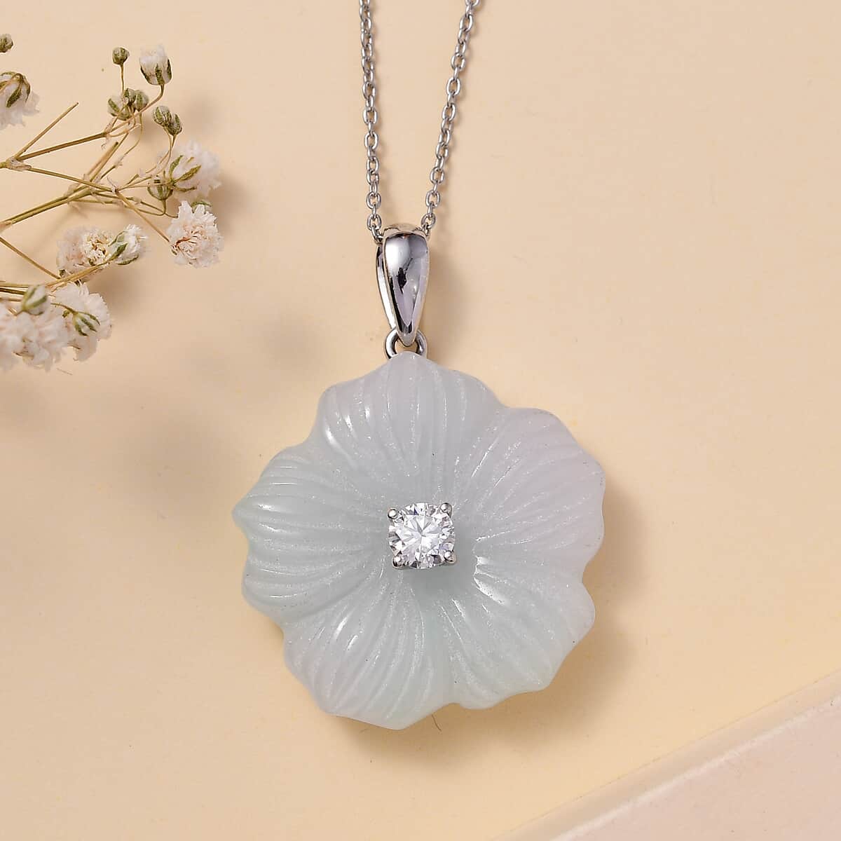 Natural Jade Carved and Moissanite 42.40 ctw Primrose Floral Pendant Necklace in Platinum Over Sterling Silver 20 Inches image number 1